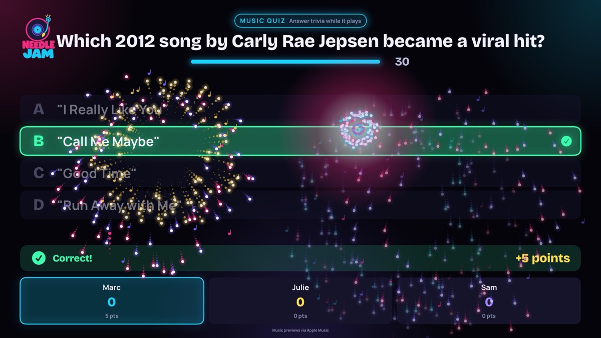 The TV during a Music Quiz: the right answer in green, fireworks, and every player's points