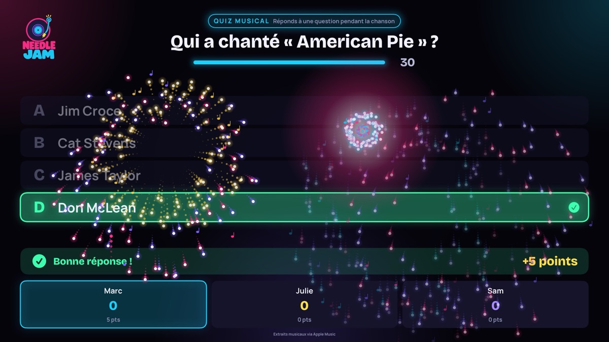 La télé pendant un Quiz musical : la bonne réponse en vert, des feux d'artifice et les points de chaque joueur